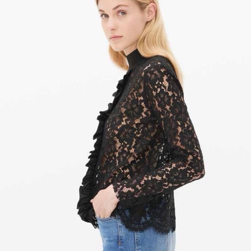 Sandro Black Sheer Floral Lace Ruffle-Front Mock Neck Long Sleeve Blouse 2/US M - Picture 2 of 12